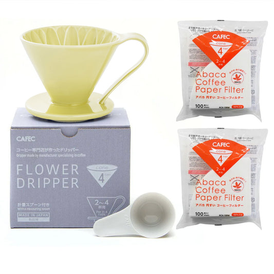 Cafec 2 Cup Yellow Flower Dripper + Abaca Filter Paper Pack