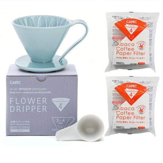 Cafec 2 Cup Blue Flower Dripper + Abaca Filter Paper Pack